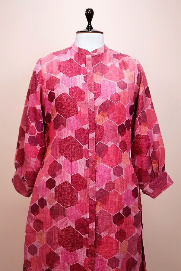 Pink Delight Geometrical Printed Linen Kurta Set - Chinaya Banaras