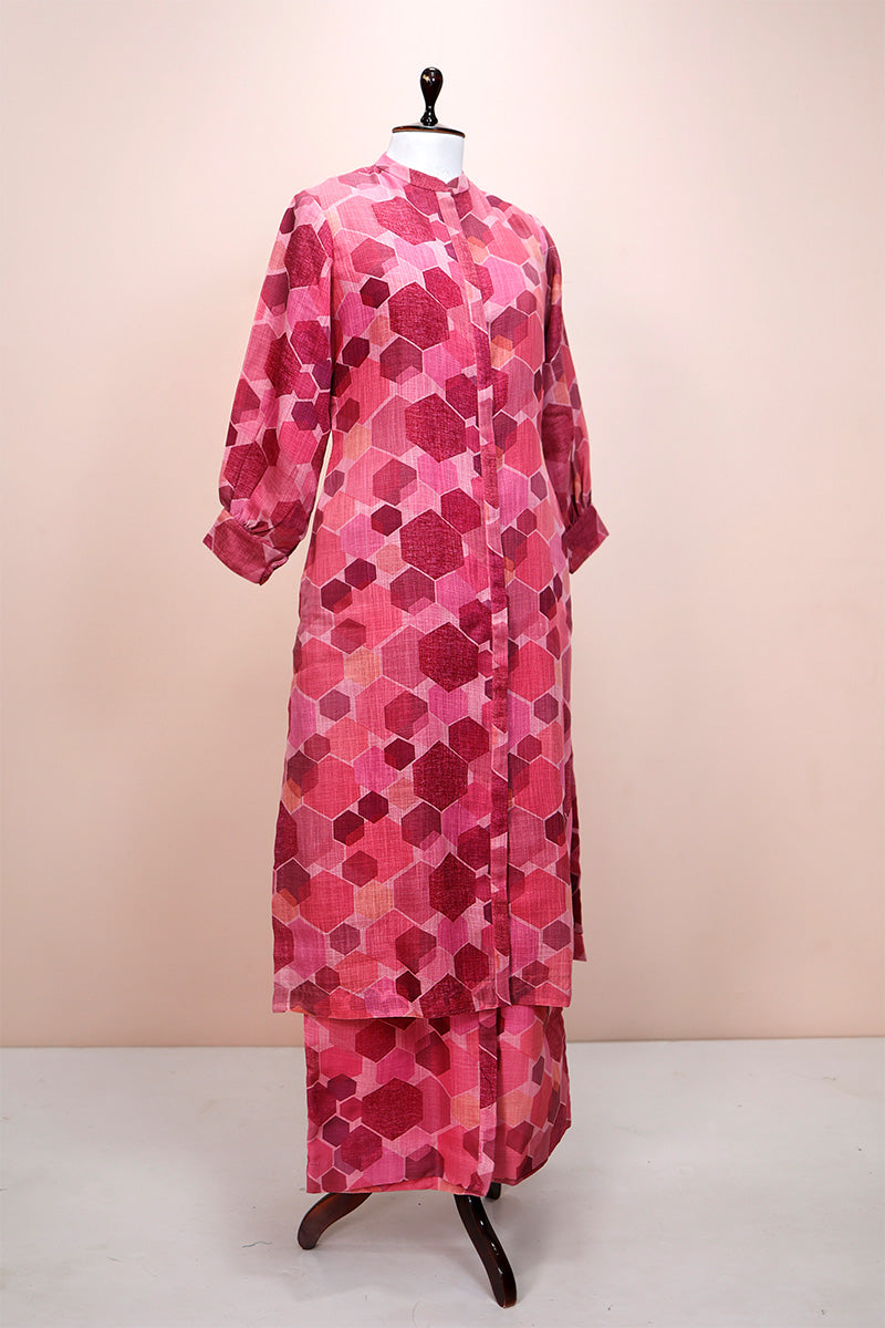 Pink Delight Geometrical Printed Linen Kurta Set