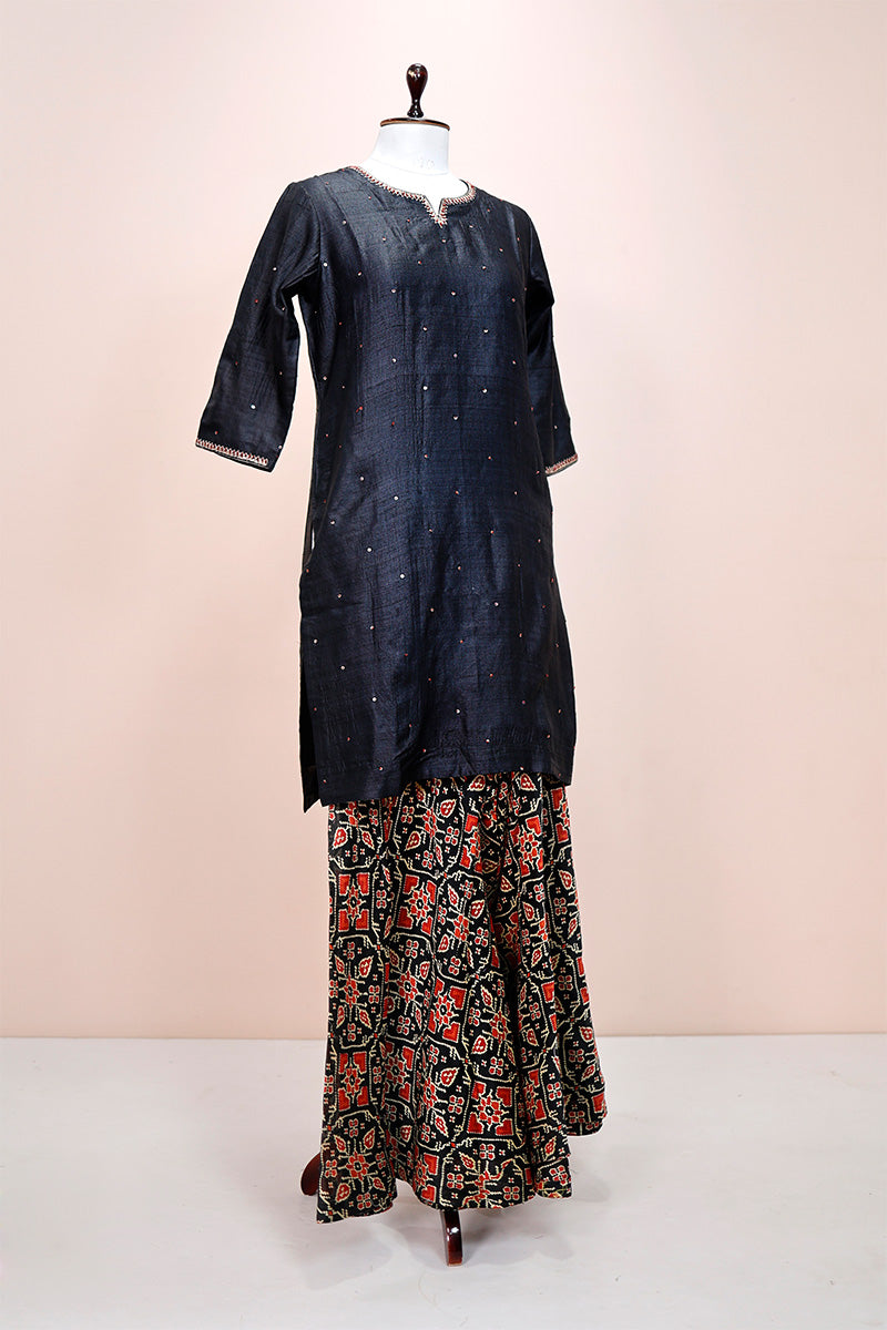 Midnight Black Tussar Embellished Kurta Pallazo Set - Chinaya Banaras