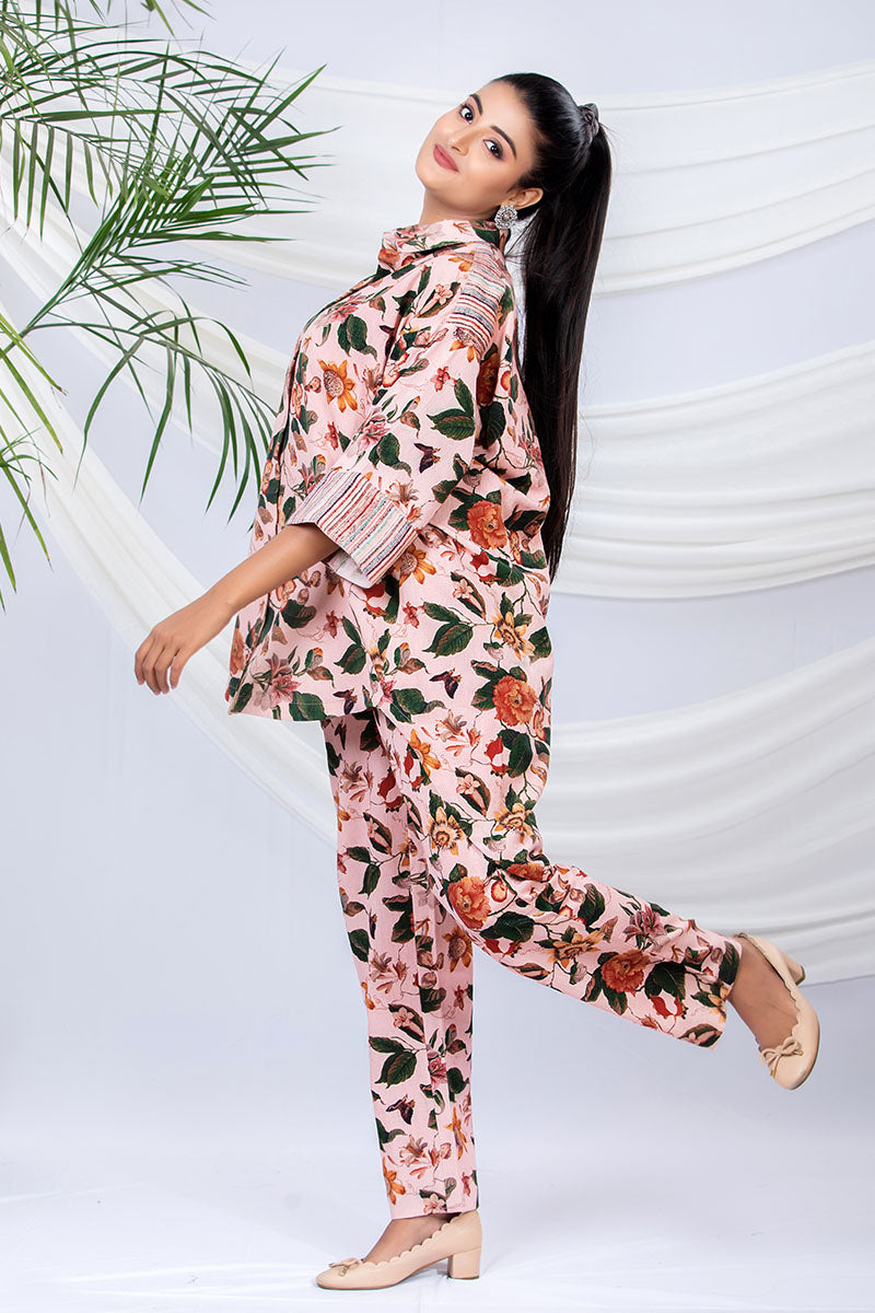 Pale Peach Floral Printed Cotton Co-Ord Set