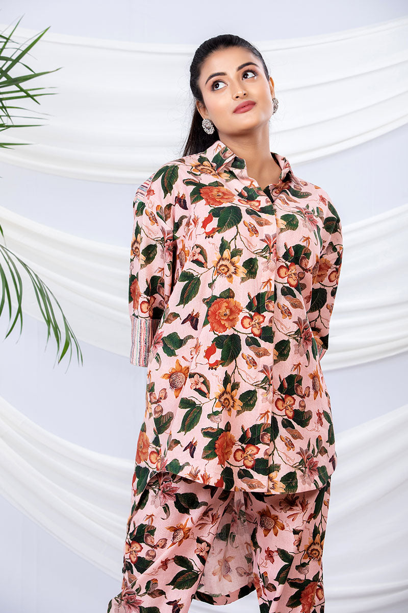Pale Peach Floral Printed Cotton Co-Ord Set