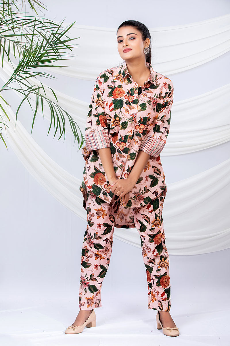 Pale Peach Floral Printed Cotton Co-Ord Set