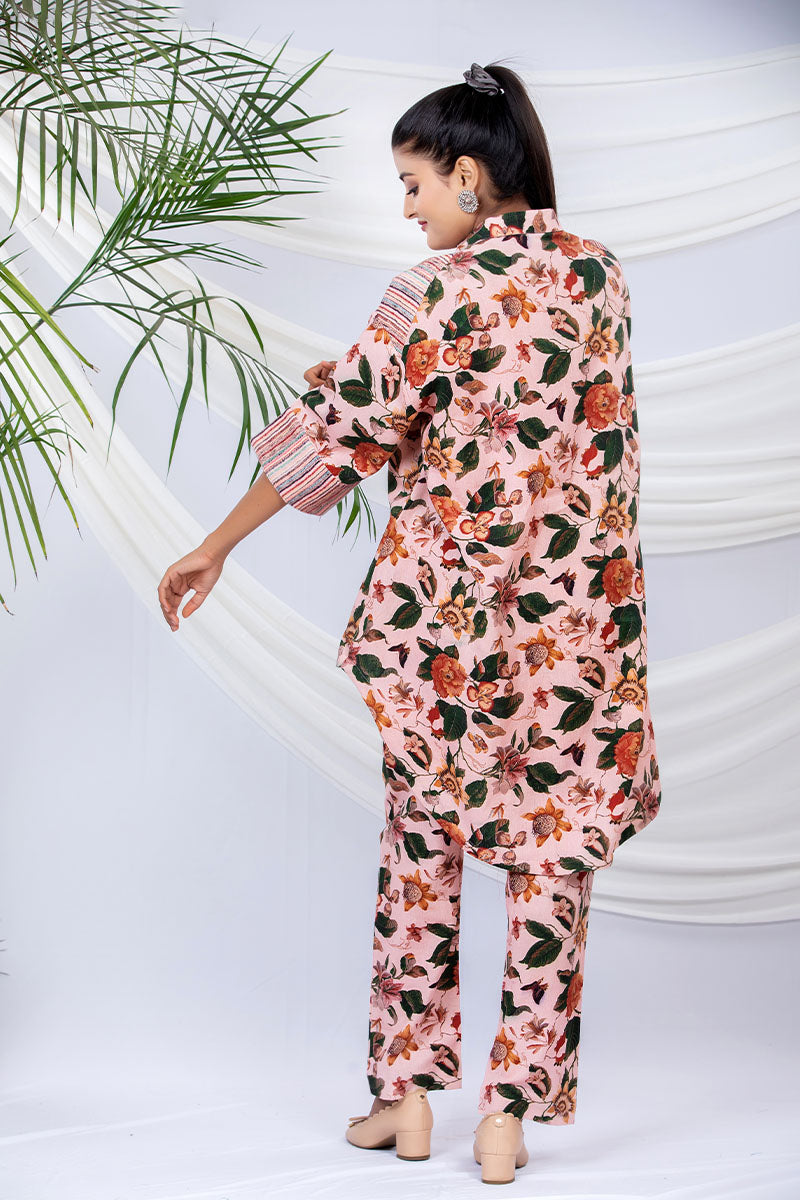 Pale Peach Floral Printed Cotton Co-Ord Set