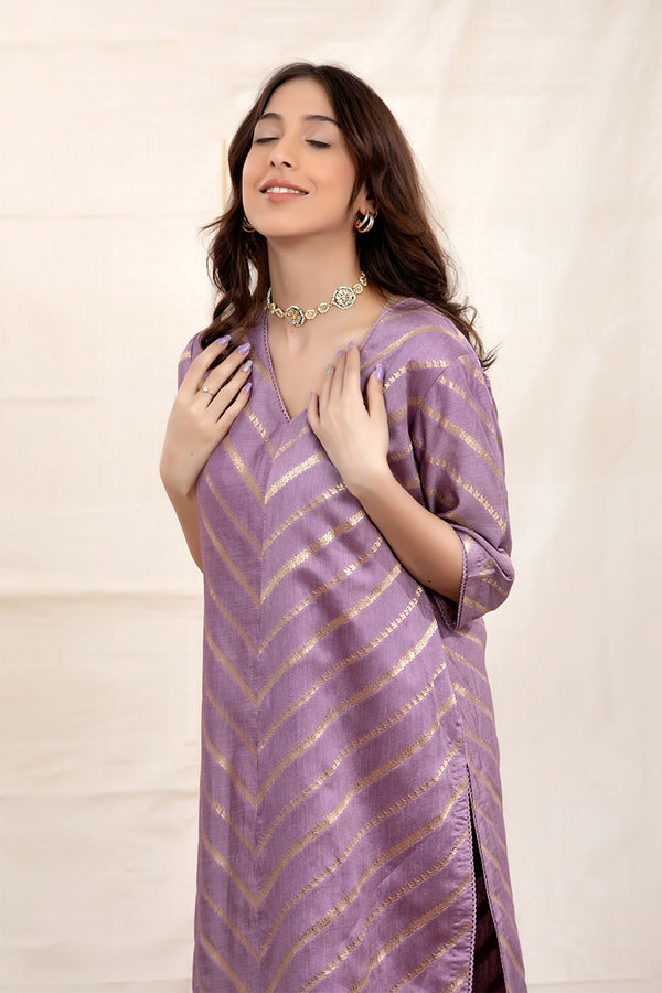 Mauve Striped Handwoven Chiniya Silk Co-Ord Set - Chinaya Banaras