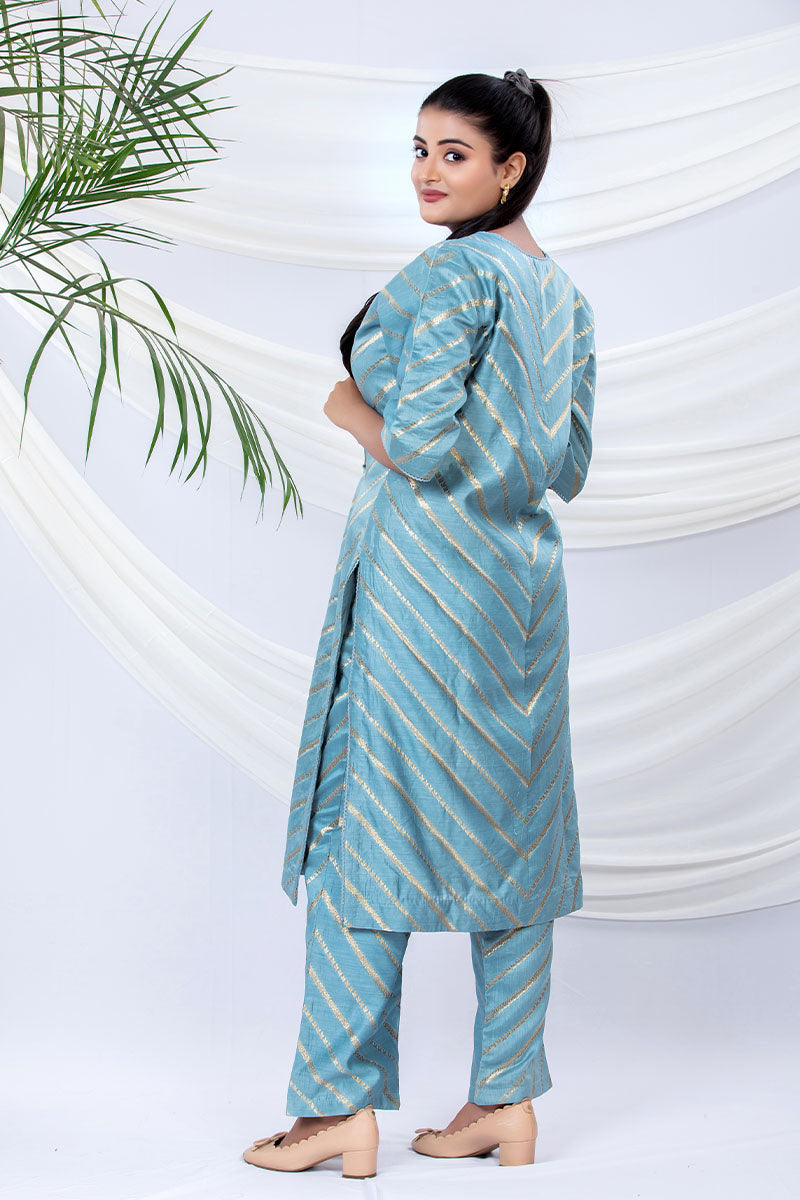 Arctic Blue Striped Handwoven Chiniya Silk Co-Ord Set