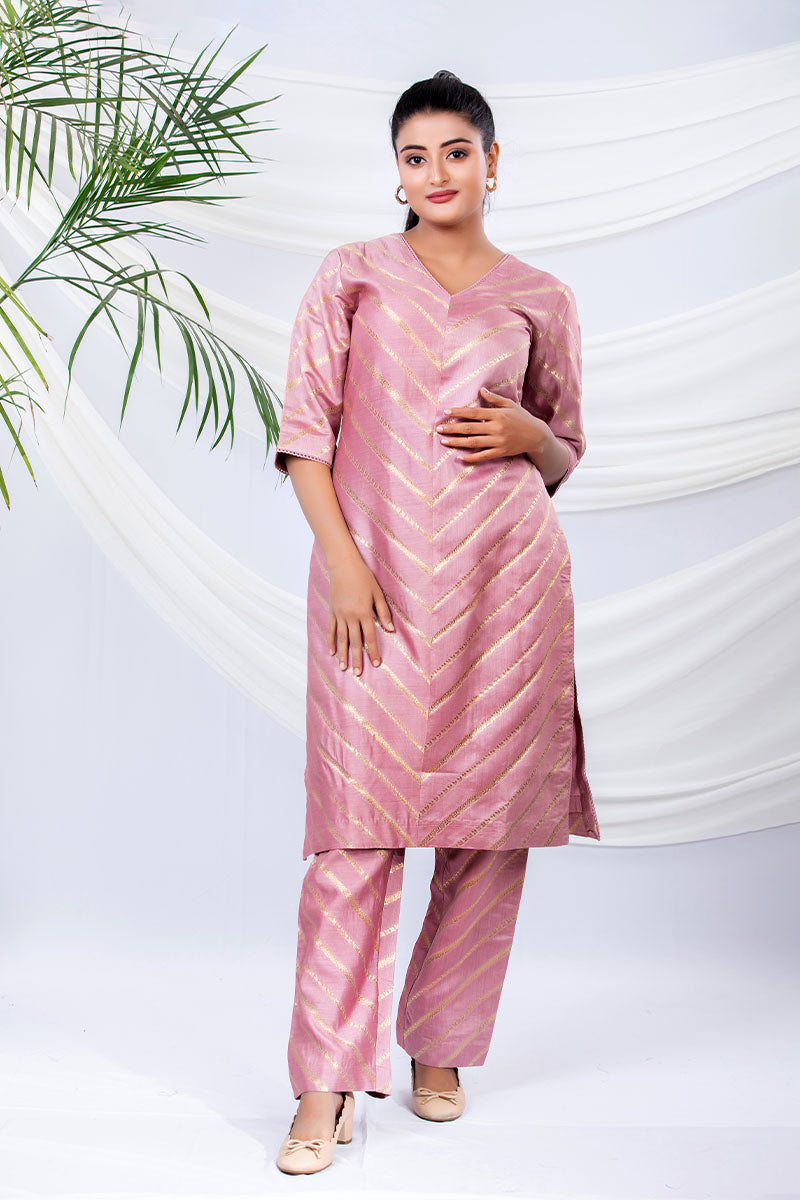 Nude Pink Striped Handwoven Chiniya Silk Co-Ord Set