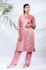 Women in Pink Striped Chiniya Silk Co-Ord Set - Chinaya Banaras