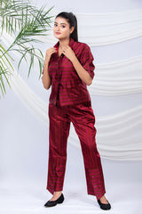 Clematis Maroon Striped Handwoven Satin Silk Co-Ord Set