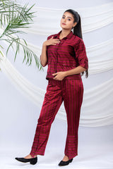 Clematis Maroon Striped Handwoven Satin Silk Co-Ord Set
