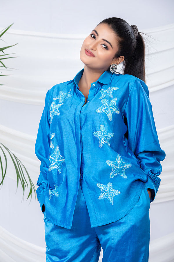 Ocean Blue Embroidered Chiniya Silk Co-Ord Set