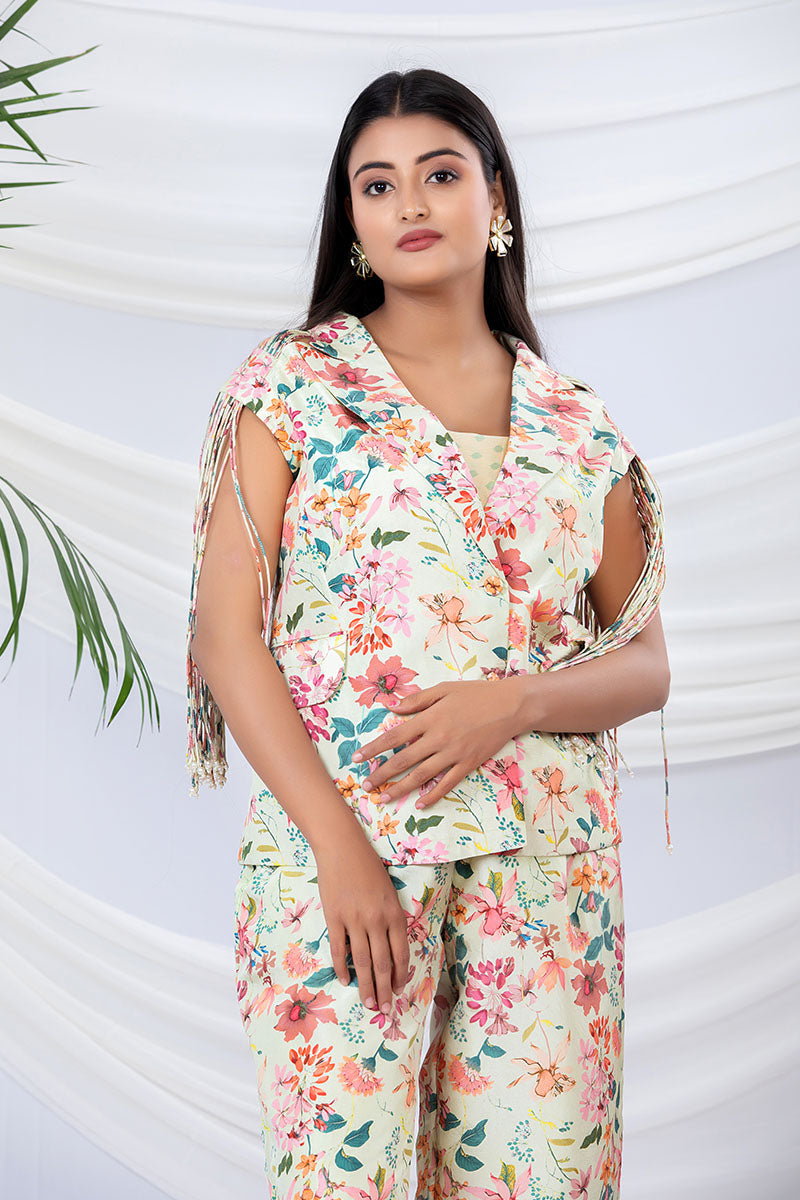 Mint Frappe Floral Printed Silk Co-Ord Set - Chinaya Banaras