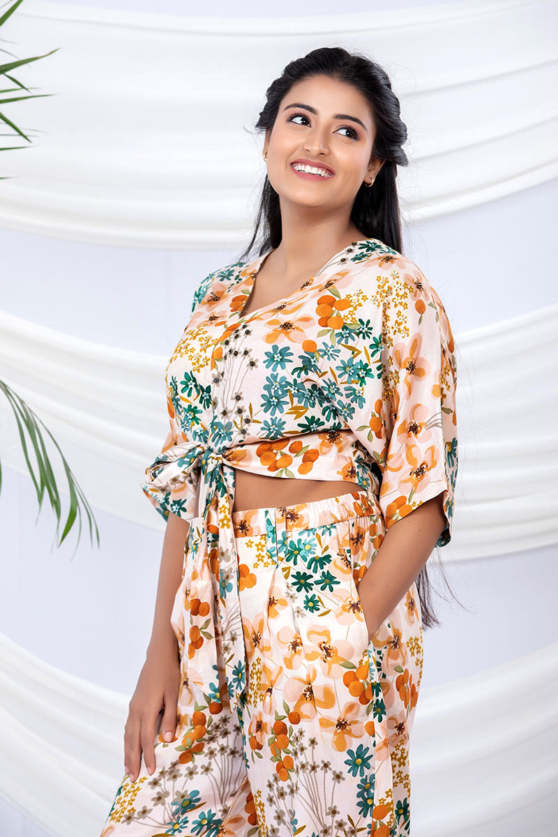 Reverie Ivory Floral Printed Cotton Co-Ord Set - Chinaya Banaras