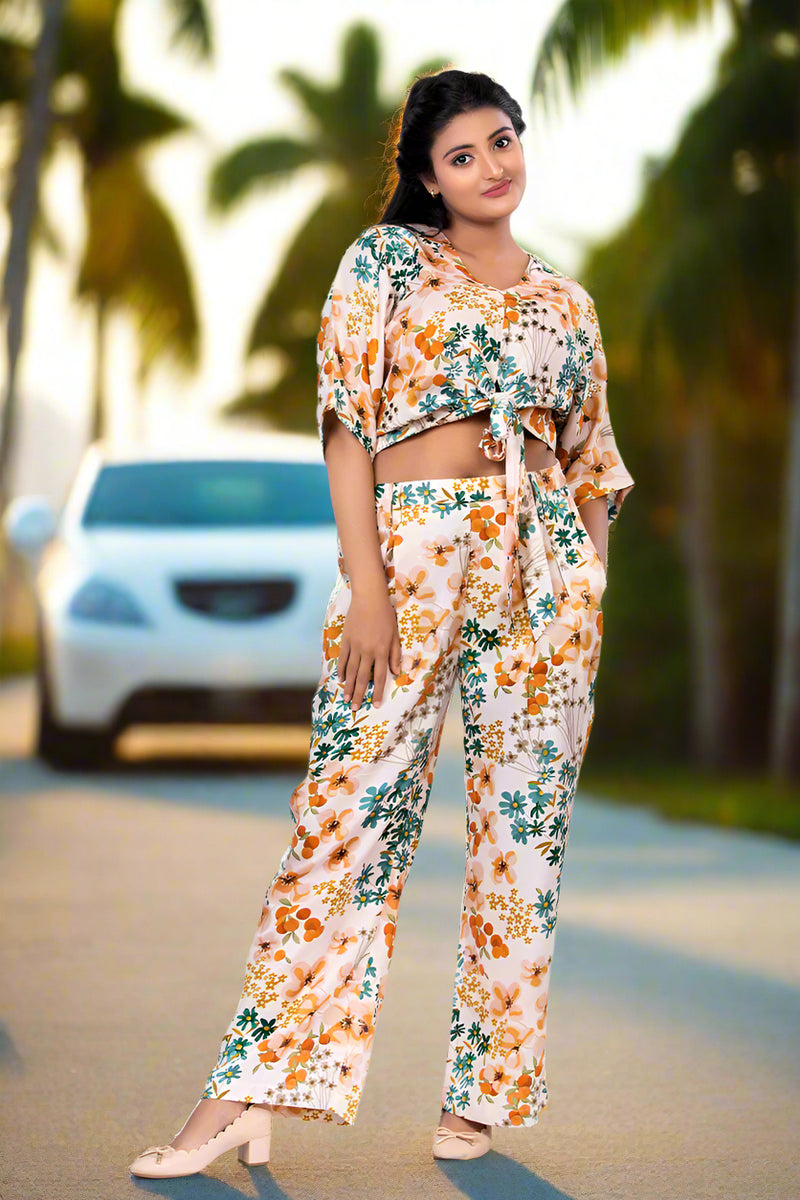 Women In Ivory Floral Printed Cotton Co-Ord Set At Chinaya Banaras