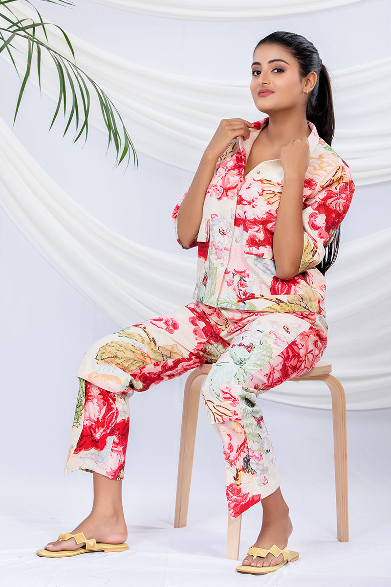 Floral Splash Digital Printed Cotton Co-Ord Set - Chinaya Banaras