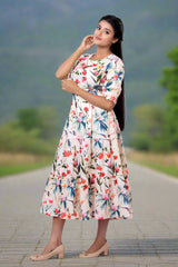 Creamy Yellow Floral Printed Cotton Dress - Chinaya Banaras