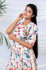 Creamy Yellow Floral Printed Cotton Dress - Chinaya Banaras