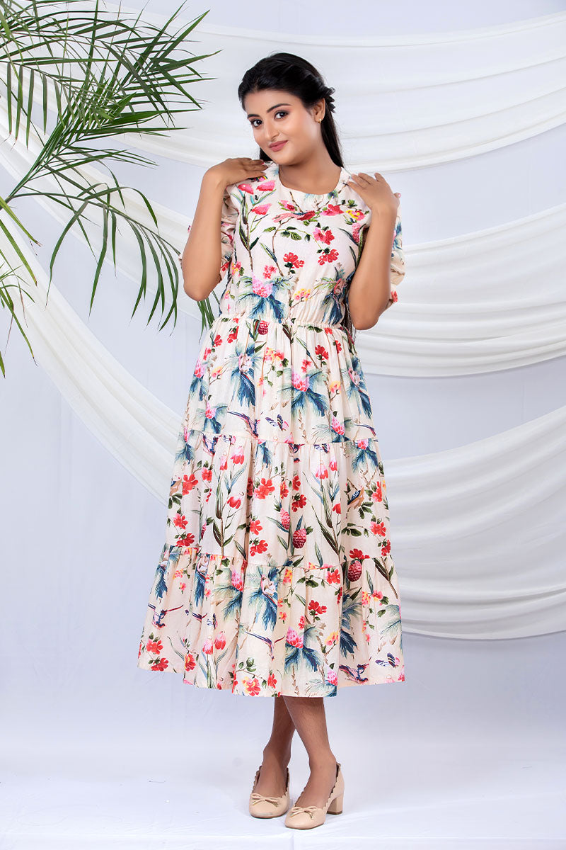 Creamy Yellow Floral Printed Cotton Dress for Party/Festive/Wedding Wear