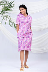 Baby Pink Geometrical Printed Cotton Lycra Midi Dress
