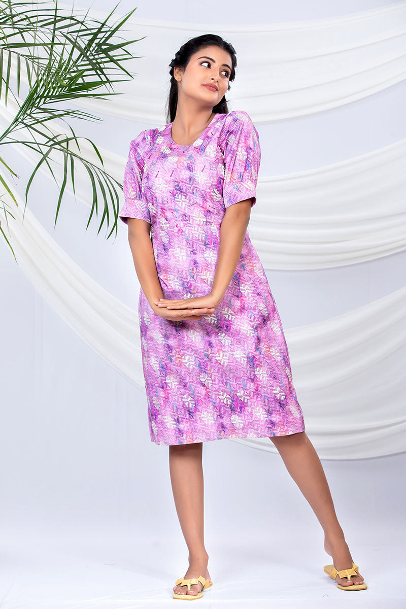 Baby Pink Geometrical Printed Cotton Lycra Midi Dress - Chinaya Banaras