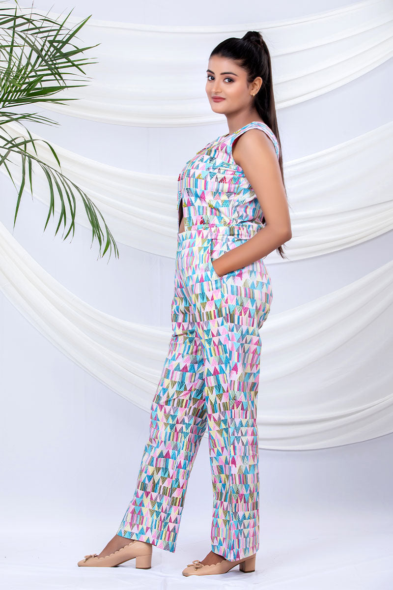 Multicoloured Geometrical Printed Cotton Lycra Jumpsuit