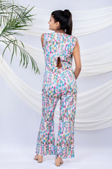 Multicoloured Geometrical Printed Cotton Lycra Jumpsuit - Chinaya Banaras