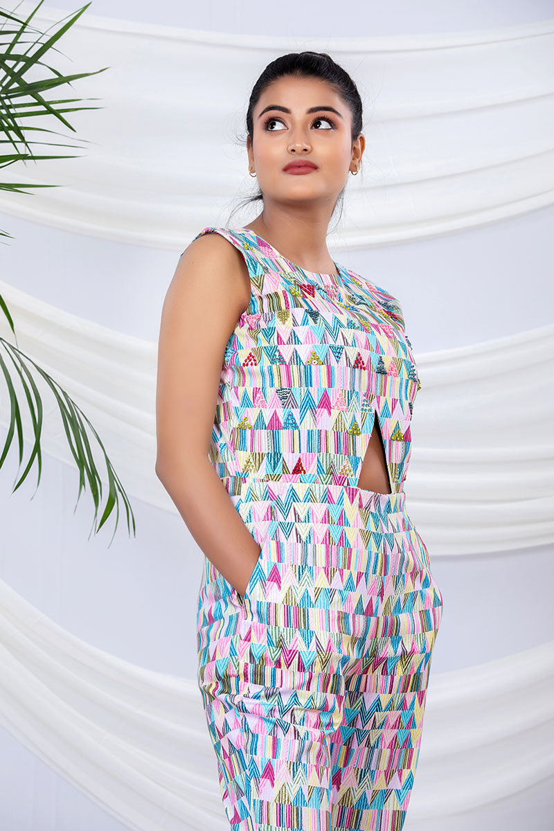 Multicoloured Geometrical Printed Cotton Lycra Jumpsuit