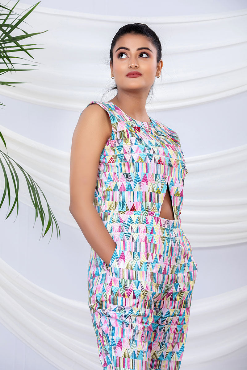 Multicoloured Geometrical Printed Cotton Lycra Jumpsuit - Chinaya Banaras