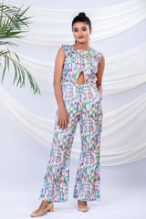 Multicoloured Geometrical Printed Cotton Lycra Jumpsuit