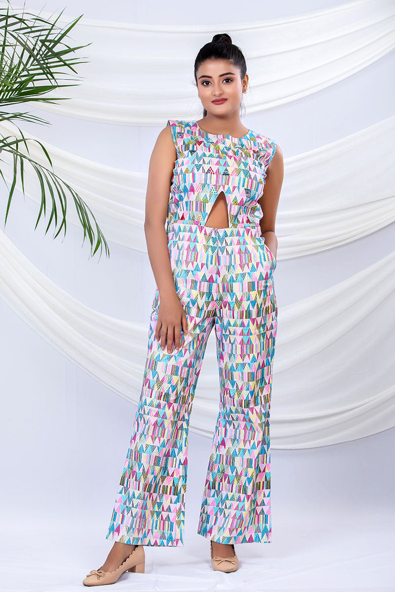 Multicoloured Geometrical Printed Cotton Lycra Jumpsuit