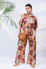 Sage Green Floral Printed Tussar Silk Jumpsuit By Chinaya Banaras