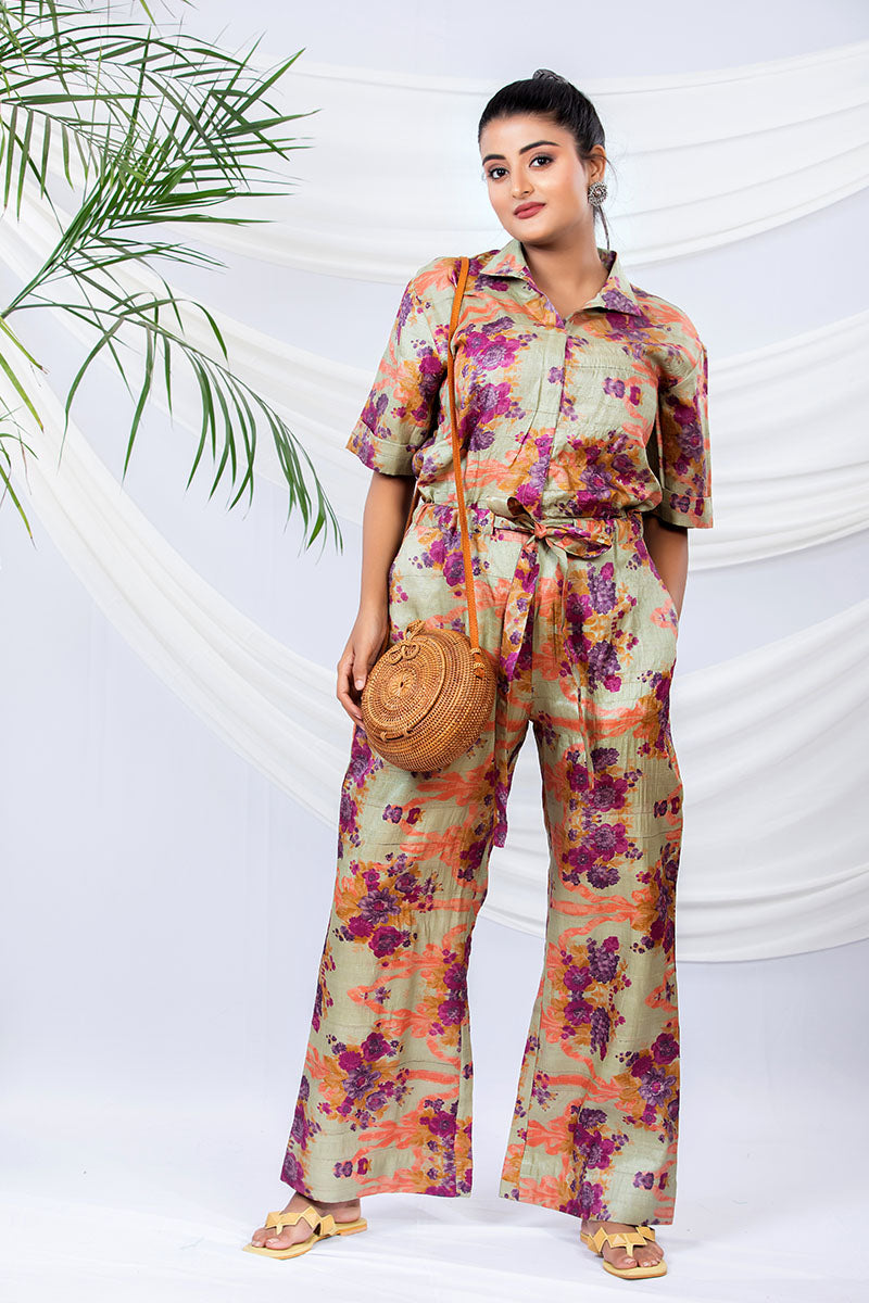 Sage Green Floral Printed Tussar Silk Jumpsuit By Chinaya Banaras