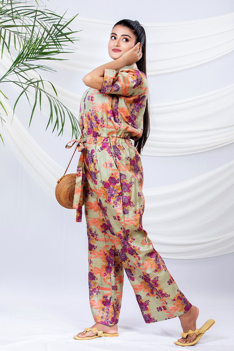 Sage Green Floral Printed Tussar Silk Jumpsuit - Chinaya Banaras