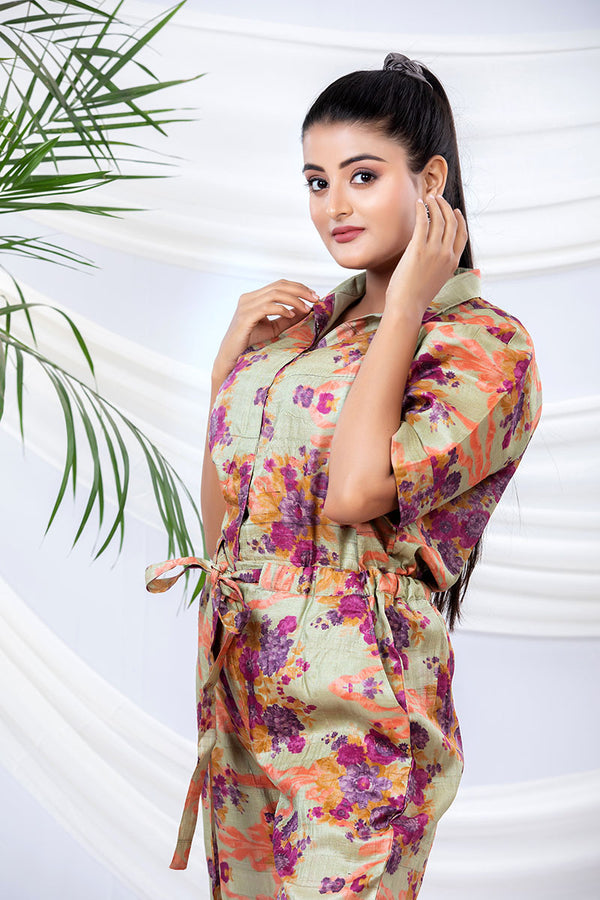Sage Green Floral Printed Tussar Silk Jumpsuit - Chinaya Banaras