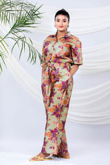 Sage Green Floral Printed Tussar Silk Jumpsuit