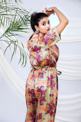 Sage Green Floral Printed Tussar Silk Jumpsuit