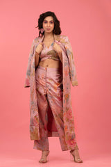 Pastel Pink Embellished Silk Co-Ord Set With Shrug Overcoat - Chinaya Banaras