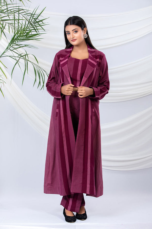 Plum Red Striped Woven Cotton Co-Ord Set With Shrug Overcoat  By Chinaya Banaras 