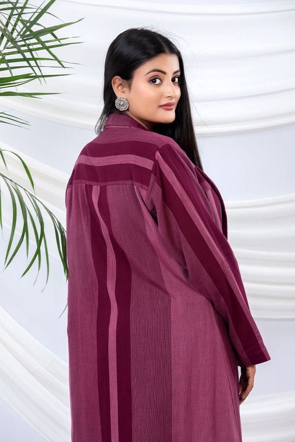 Plum Red Striped Woven Cotton Co-Ord Set With Shrug Overcoat - Chinaya Banaras