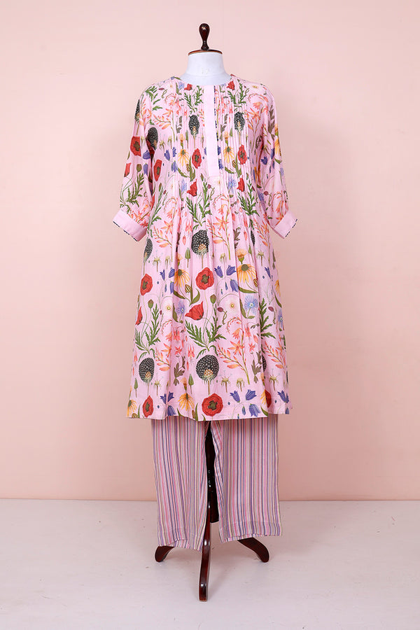 Blush Pink Floral Digital Printed Cotton Kurta Set - Chinaya Banaras