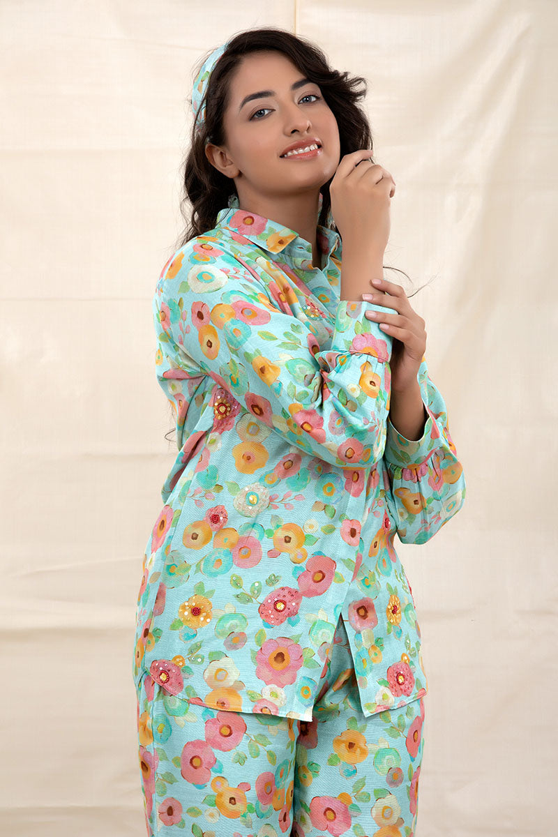 Urban Blue Floral Printed Modal Co-ord Set - Chinaya Banaras