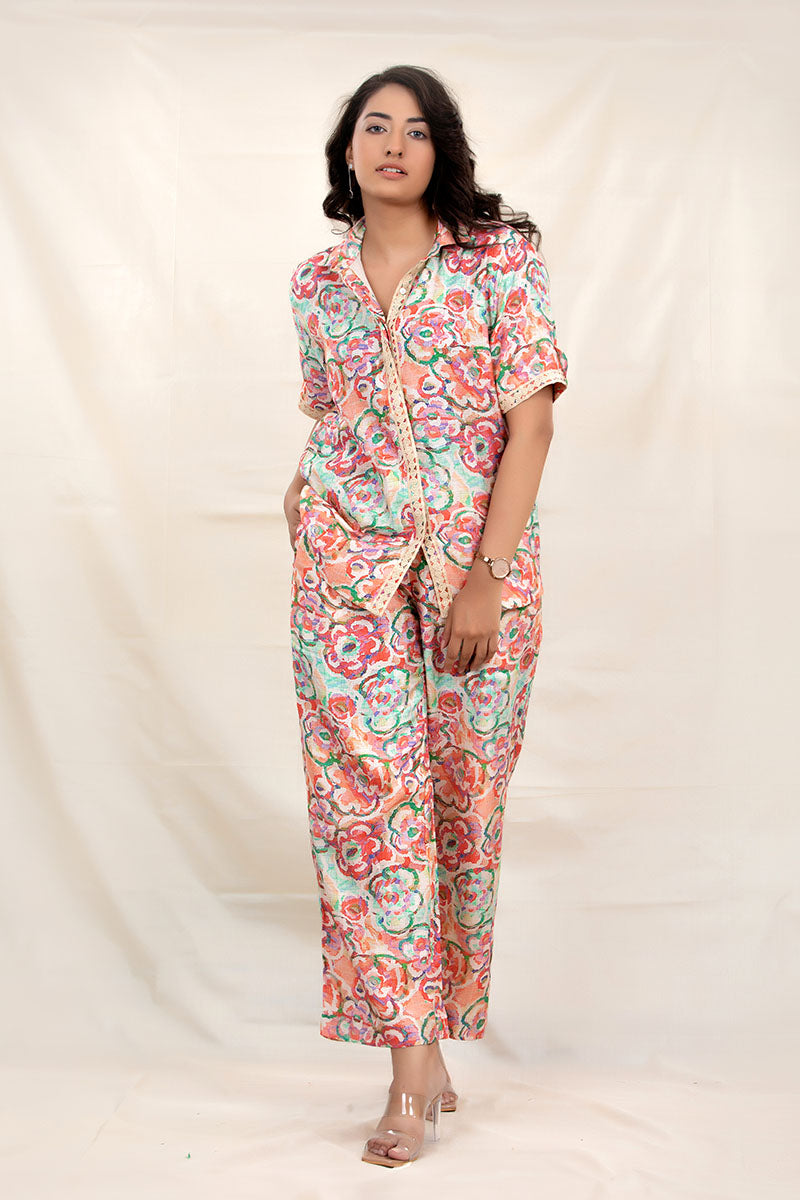 Women in  Peach Floral Splash Modal Co-Ord Set By Chinaya banaras 