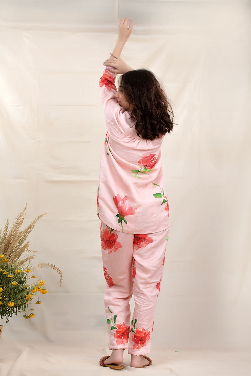 Flamingo Pink Floral Printed Modal Co-ord Set