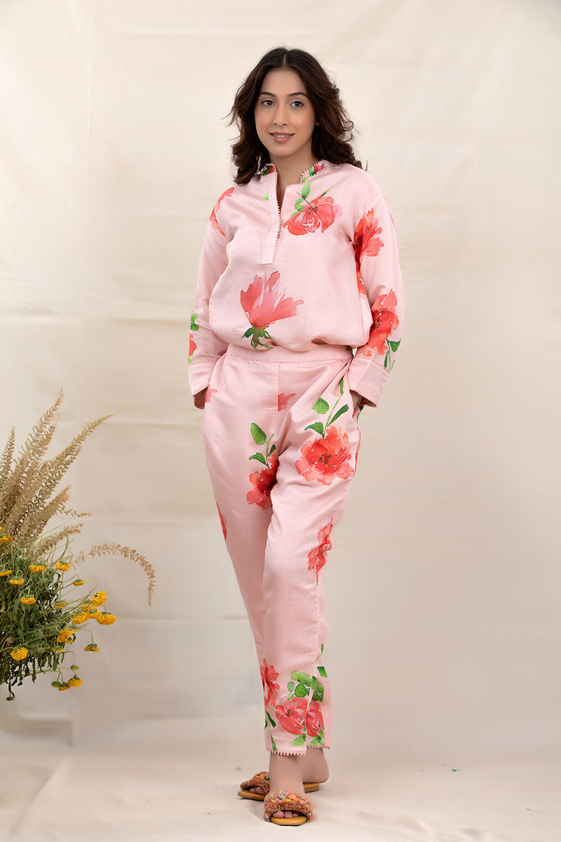 Flamingo Pink Floral Printed Modal Co-ord Set