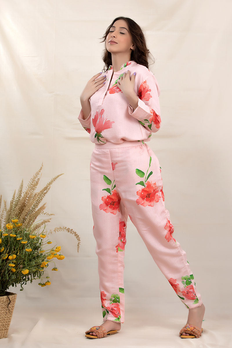 Flamingo Pink Floral Printed Modal Co-ord Set - Chinaya Banaras