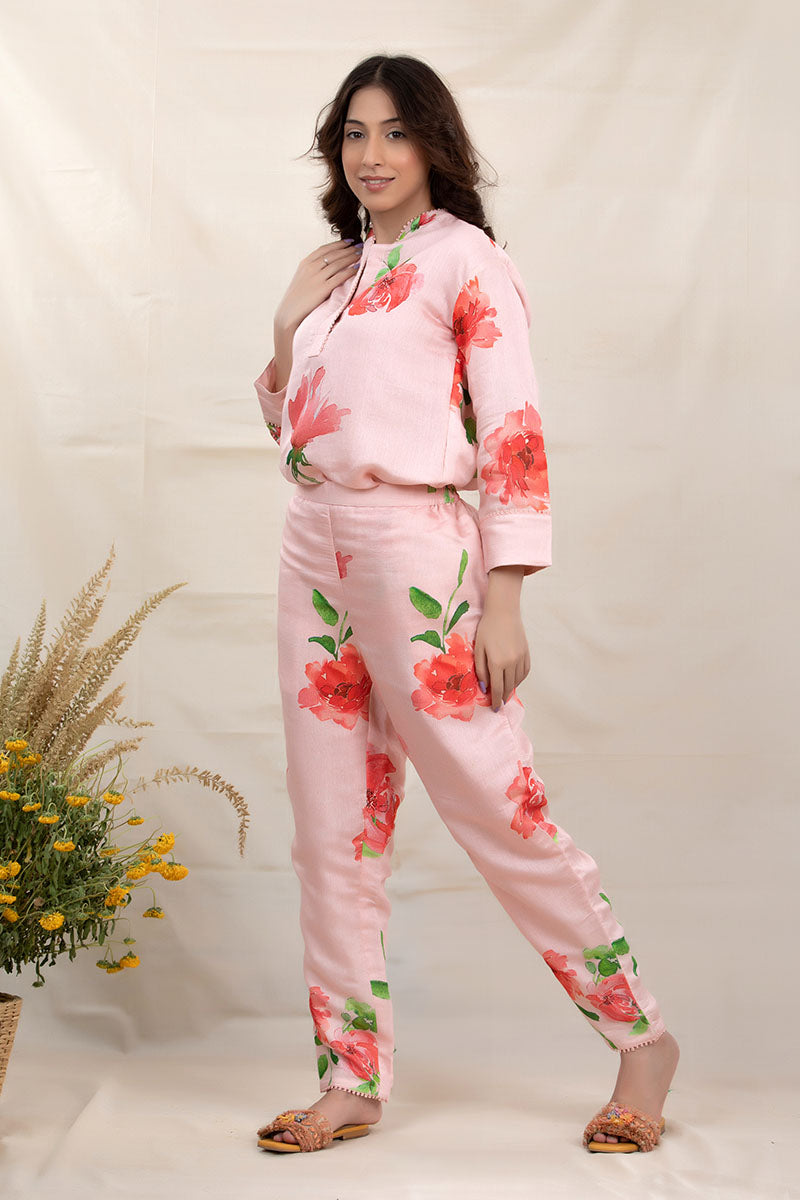 Flamingo Pink Floral Printed Modal Co-ord Set