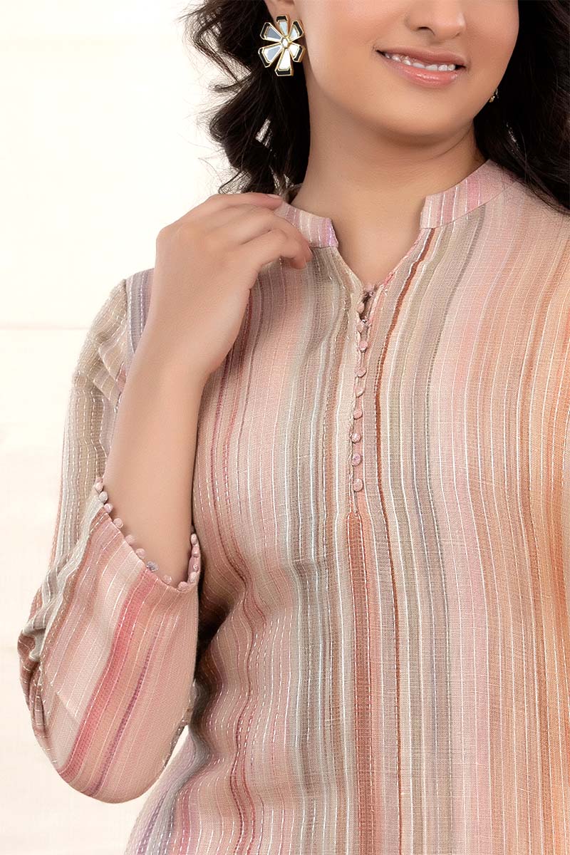 Nude Beige Kantha Embroidered Linen Co-Ord Kurta Set