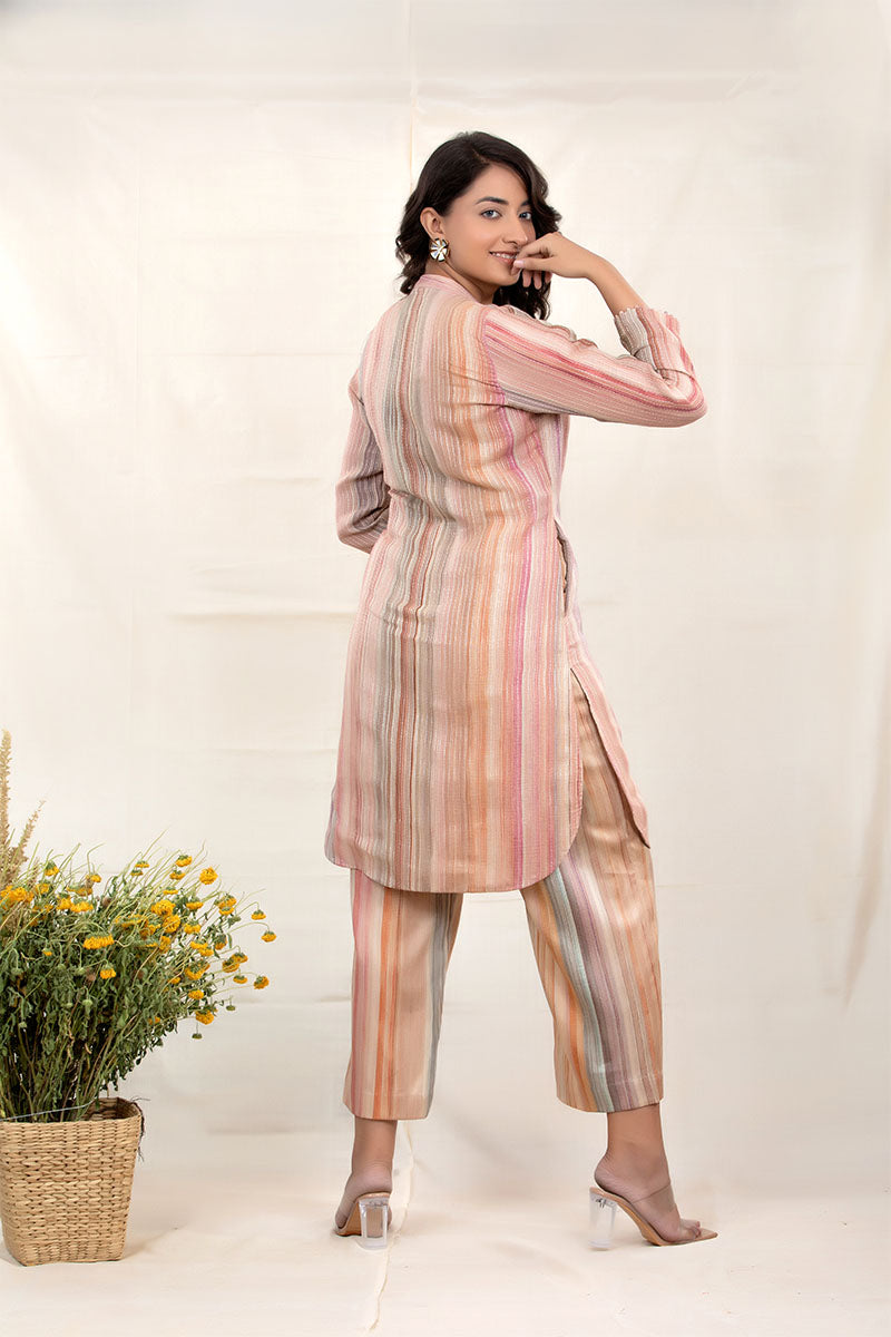 Nude Beige Kantha Embroidered Linen Co-Ord Kurta Set
