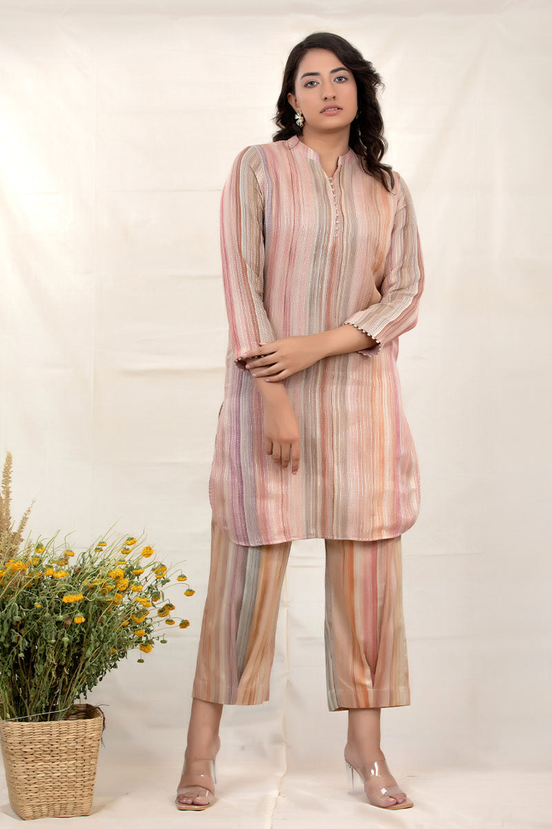 Women in Nude Beige Kantha Embroidered Linen Co-Ord Kurta Set at Chinaya Banaras
