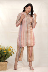 Nude Beige Kantha Embroidered Linen Co-Ord Kurta Set