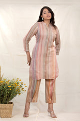 Nude Beige Kantha Embroidered Linen Co-Ord Kurta Set
